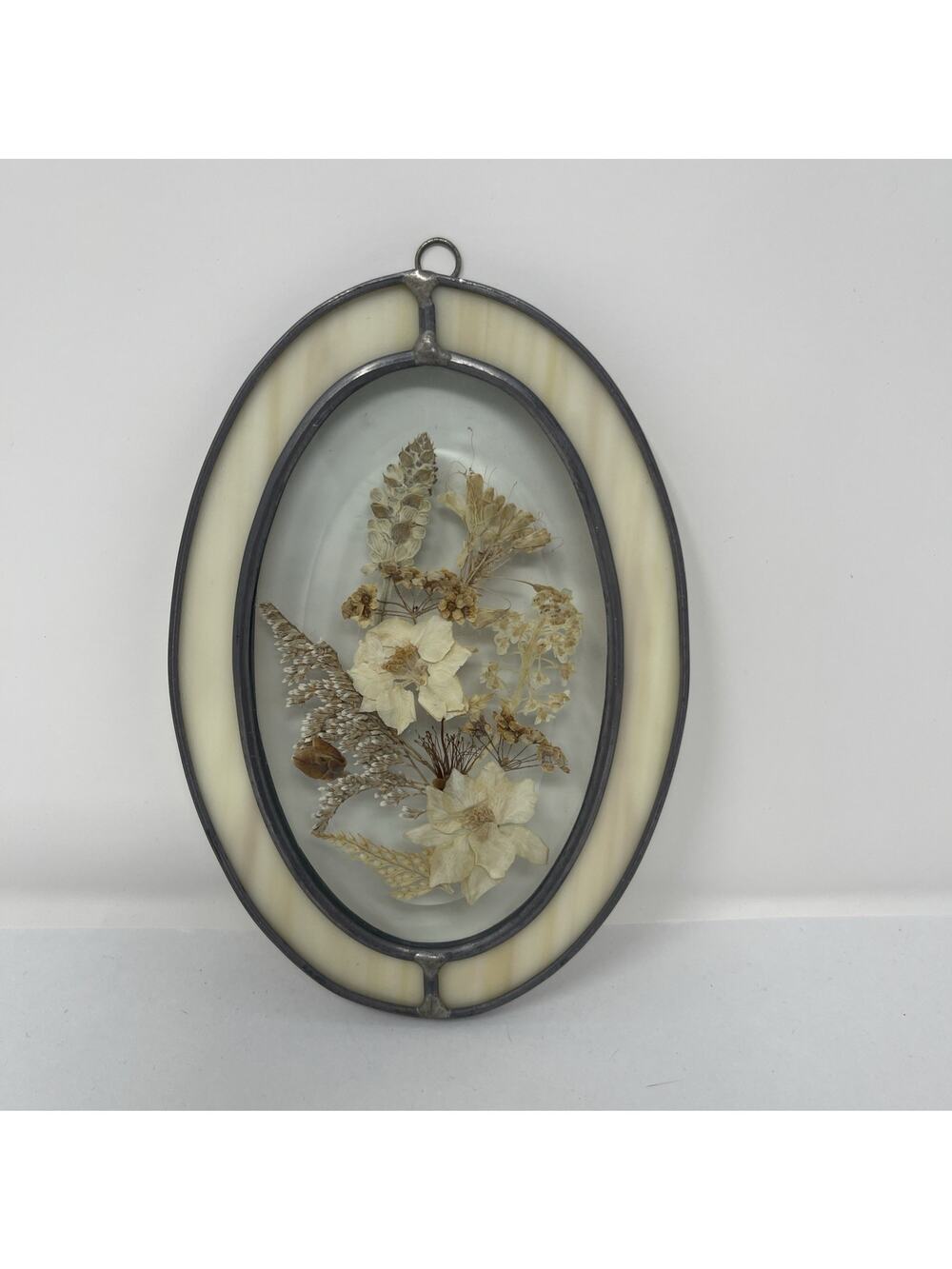 Leaded Stained Glass Dried Flowers Window Hanger Vintage Botanical Oval Pane